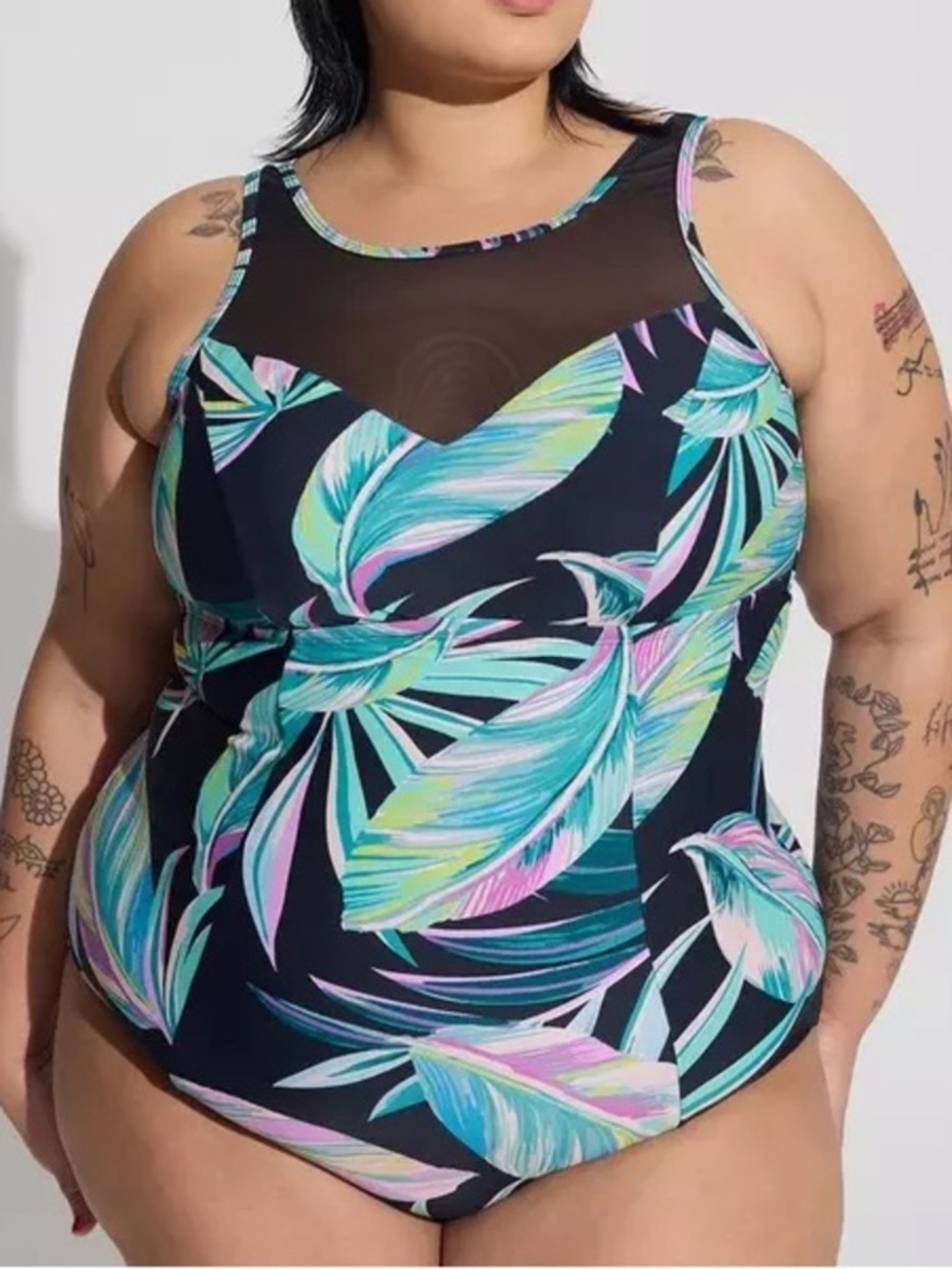 Torrid Wireless Mesh High Neck One Piece Swimsuit Summer Leaves Black 5X New NWT